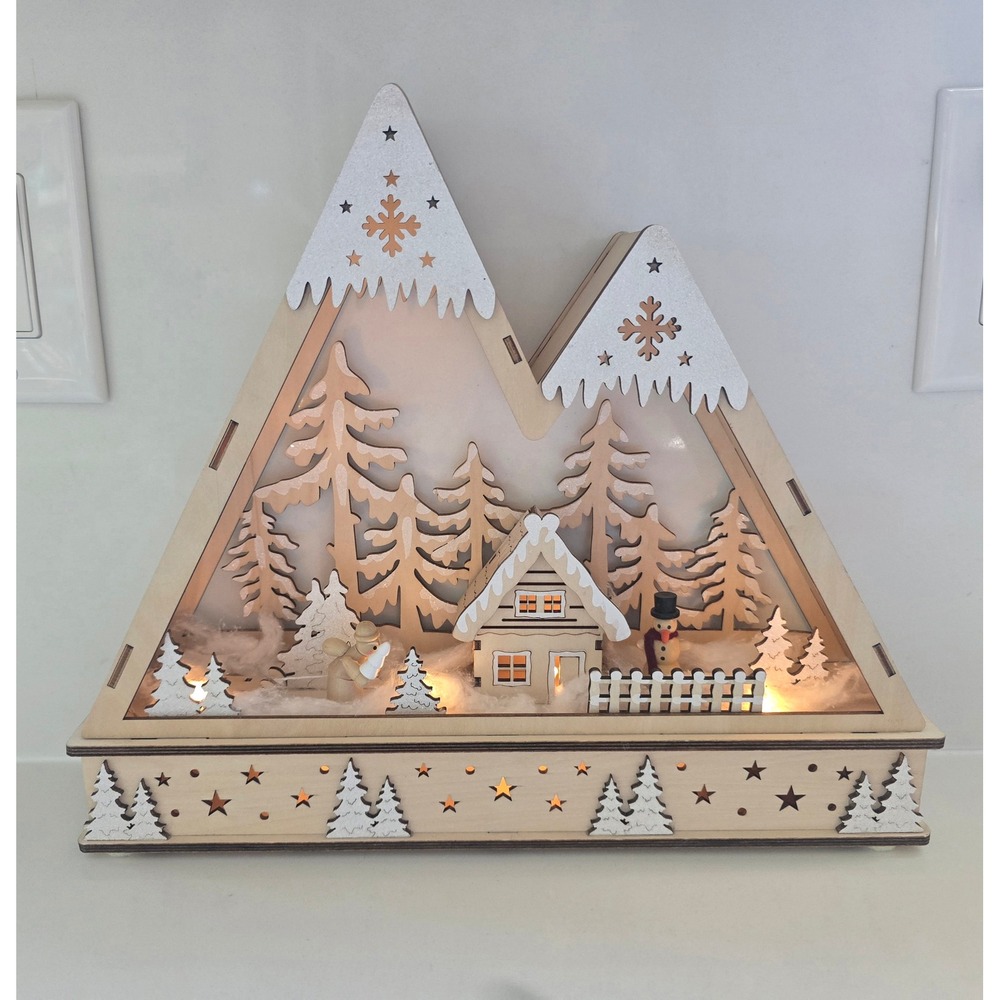 Cost Plus World Market Wooden Light Up Winter Mountain Village Shadow Box Decor